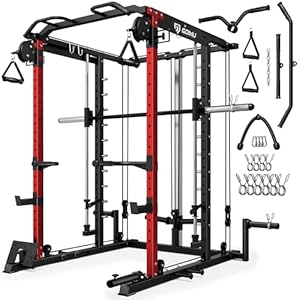 S1-V4 Smith Machine, 2000LBS Power Cage with Cable Crossover System, All-in-One Squat Rack with Smith Bar, Workout Cage Strength Training Equipment with Attachments