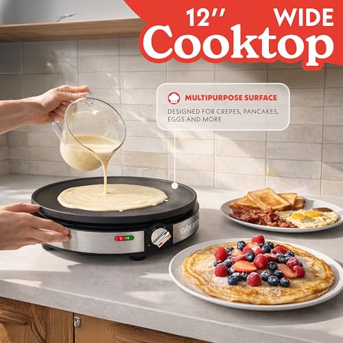 Gourmia 12” Crepe Maker – Nonstick Electric Griddle for Pancakes, Omelets & More, Precise Temp Control with Indicator Lights, Includes Spatula & Batter Spreader, Quick Cleanup, Stainless Steel Trim by Gourmia - Image 7