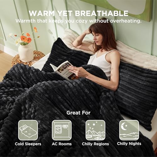 Image of Bedsure King Fluffy Comforter Set - GentleSoft 3 Pieces Luxury Fleece Black Bedding, Cozy Room Decor Aesthetic, 1 King Bed Comforter (104 inchx90 inch) and 2 Pillowcases (20 inchx36 inch)