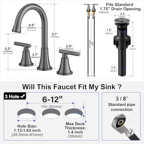 Image of Bathroom Faucet 3 Hole, Brushed Grey Faucets with Drain and Supply Lines