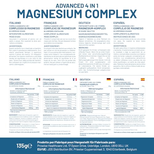 Magnesiumglycinat-Komplex 4 in 1 – 1866 mg pro Portion | Präzise Dosis von 404 mg elementarem Magnesium | Mit Magnesiumglycinat, citrat, malat und -taurat | 90 vegane Kapseln – von Prowise