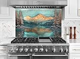 Myphotostation 25.6Wx12H'' Copper Mountain Reflection Glass Kitchen Backsplash Tempered Glass Glass Splashback For Kitchen, Stove Wall Protector, Cooker Wall Panel, Stove Back Cover
