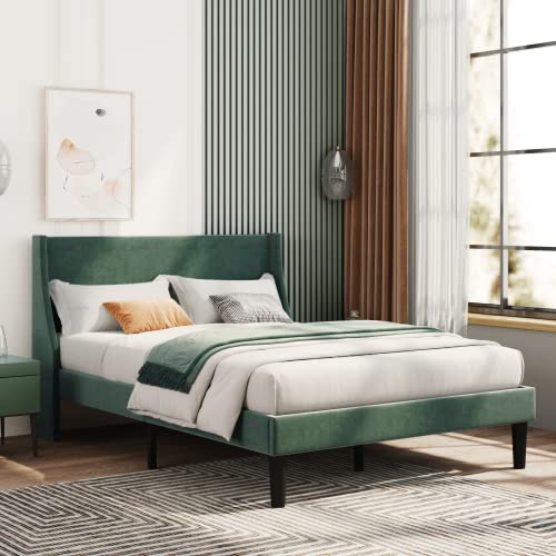 Merax Double Bed Velvet Dark Green 4FT6 Upholstered Bed with Winged Headboard – Stylish Kids Bed, Upholstered Bed, Budget-Friendly Girls Bed with Wood Slat Support – Easy Assembly — image 1