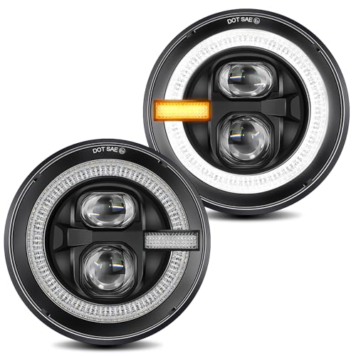 UNI-SHINE 7 Inch Round LED Headlights, 2PCS H6024 Projector Headlights with Halo DRL & Amber Turn Signal, DOT Approved Hi/Lo Beam, Compatible with Jeep Wrangler JK TJ CJ LJ, Chevy, Miata