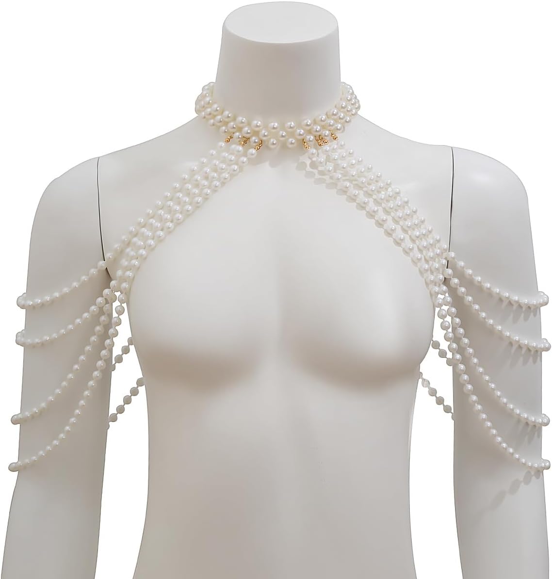 Xerling Faux Pearl Shoulder Harness Body Chain Fringe Tassels Layered Arm Chain Bra Chain Necklace Body Jewelry for Women Bikini - Image 7