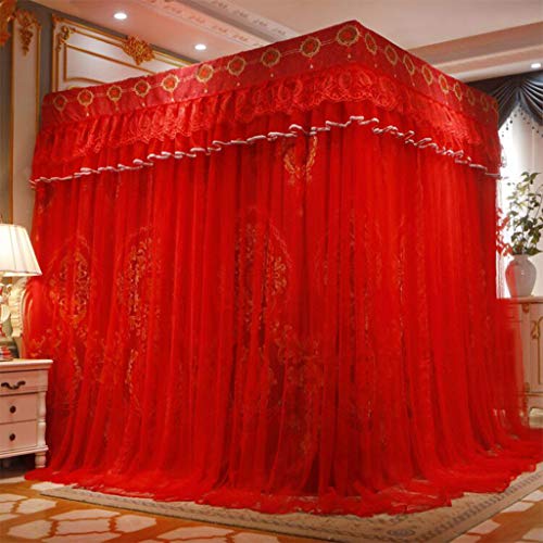 Roter romantischer 4-Eckpfosten Moskitonetz mit luxuriösem Betthimmel, Vorhang, Baldachin, 2-in-1 für Mädchen, Frauen, Erwachsene, Hochzeit, Schlafzimmer, Kinderzimmer, Bettdekoration (rotes