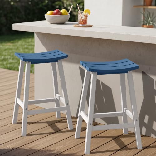 Image of Ciokea 2 Set 29 inch Outdoor Bar Stools, Heavy Duty HDPE Outdoor Stools Weatherproof Waterproof Patio Seats Modern Bar Height Tall BarStools for Bar Deck Balcony Yard, White and Navy Blue