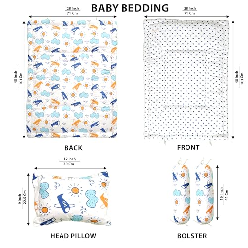 Image of NWF 100% Cotton Baby Bedding Set - Mattress & Soft Daytime Bedding for Infants (0-24 Months) | 4-Piece Set, 26 inchx40 inch | Blue Plane Cloud Design