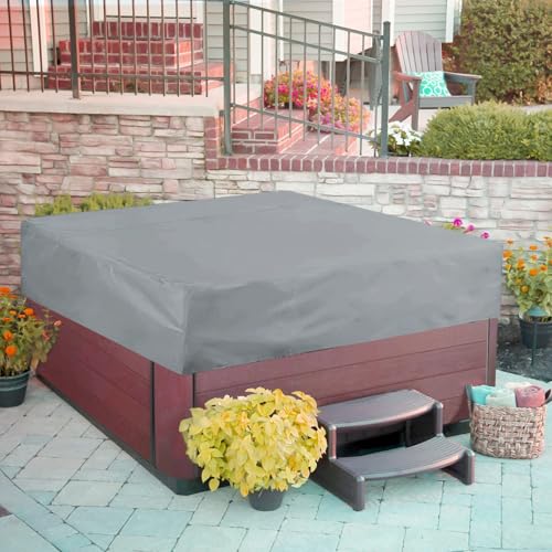 Housse de spa carrée 220 x 220 cm, protection avec revêtement argenté 190T, protection extérieure anti-poussière et anti-pluie, coupe-vent avec cordon de serrage, gris, grande housse de piscine carrée – vue 5