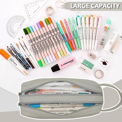 X SIM FITNESSX Estuche de tela Oxford, grande, doble cremallera, estuche con asa, impermeable, organizador de escritorio para escuela y oficina, Gris claro, Sencillo - imagen 5