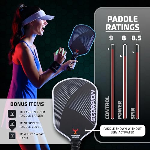 Image of SCORPION LED Pickleball Paddles Set of 2 or 1 - Lightweight Rackets with LED Edge Lighting | Carbon Fiber /Fiberglass /Wood Face | Durable Paddles for Women, Men, and Kids | Includes Bonus Accessories