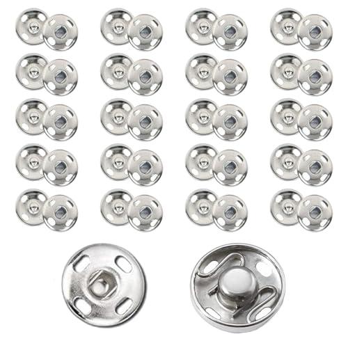 Ouliget Metal Sew On Snap Buttons, Fasteners Press Studs for Sewing Clothes Jeans Overcoat DIY,12mm Dia Snaps,20 Sets,Silver