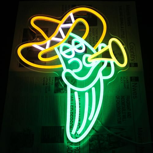 Image of Cactus Sombrero Hat Neon Sign Play Trumpet Neon Light for Bedroom Bar Decor | Dimmable Music LED Signs for Wall Decor, Cinco De Mayo Mexican Party Decor, Acrylic Celebrate Carnival Wall Sign, USB Powered