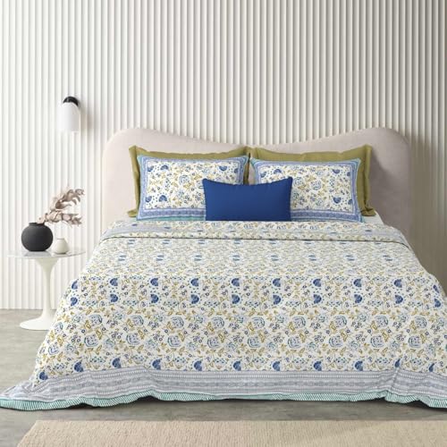 Image of ElanorHomes 240 TC Cotton Double King Size Bedsheet | Ultra-Soft & Skin-Safe | Breathable Summer Comfort | 93x108 inches with 2 Pillow Covers (Blue Shalimar Jaal)