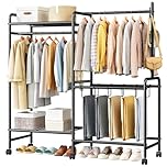 Casavibe Heavy Duty Clothes Rail with Wheels, 125KG Metal Clothing Rack with Trouser Rack, Top Shelf, 4 Hooks & 5 Trouser Hangers, Sturdy Wardrobe Clothes Rail for Bedroom Hallway Shop, Black