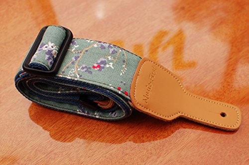 Music First Original Design, 2 Inch Width (5Cm), Vintage Style “Plum Flowers” Canvas & Genuine Leather Floral Guitar Strap Electric Guitar Straps #TOP4