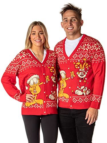 Garfield Men's Odie And Garfield Christmas Ugly Sweater Button-Up Knit Cardigan (Medium) Red #TOP2
