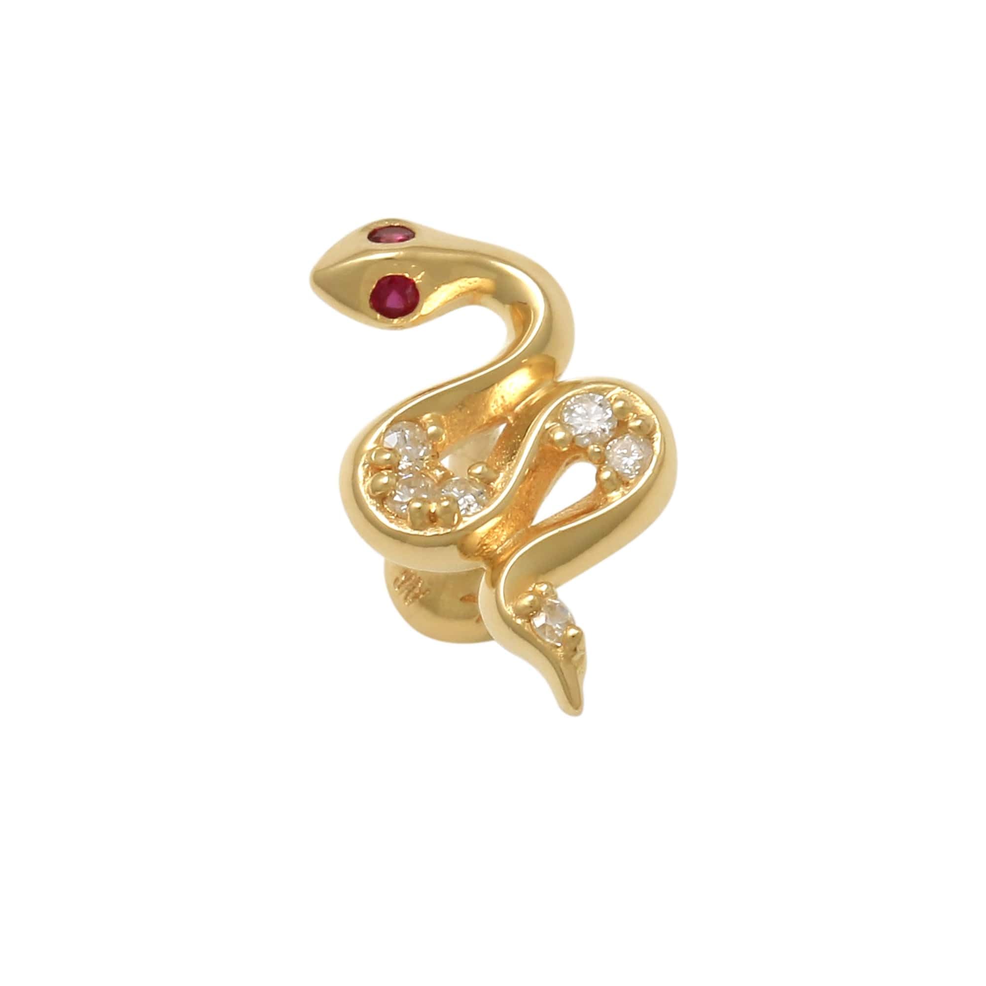 Anygolds 14K Solid Gold Diamond Ruby Snake Cartilage Piercing 18 Gauge - Dainty Helix Tragus Conch Rook Stud Earring - Screwback Body Jewelry (Single)