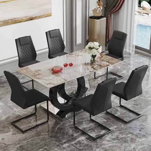 Dining Table Set for 6, Kitchen Table and Chairs for 6, Black Fau...