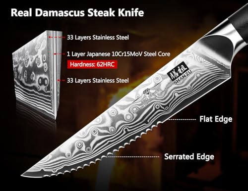 Image of SHAN ZU Steak Knife of 7, 4.5 Inch Damascus Steak Knife Set with Block