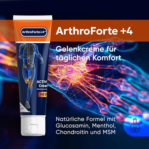 AthroForte +4em Creme gegen Arthrose – Kühlender Effekt für Muskeln und Gelenke – Mit Natürlichen Extrakten aus Menthol und Eukalyptus – Für Hände, Füße, Schultern und Knie – 100 ml