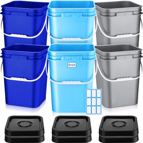 Vesici 6 Pcs 5 Gallon Food Grade Square Buckets with Lids 5 Gal Plastic Food Storage Square Bucket Heavy Duty Industrial Pail Container with DIY Label Stickers Handles for Water Painting(Colorful)