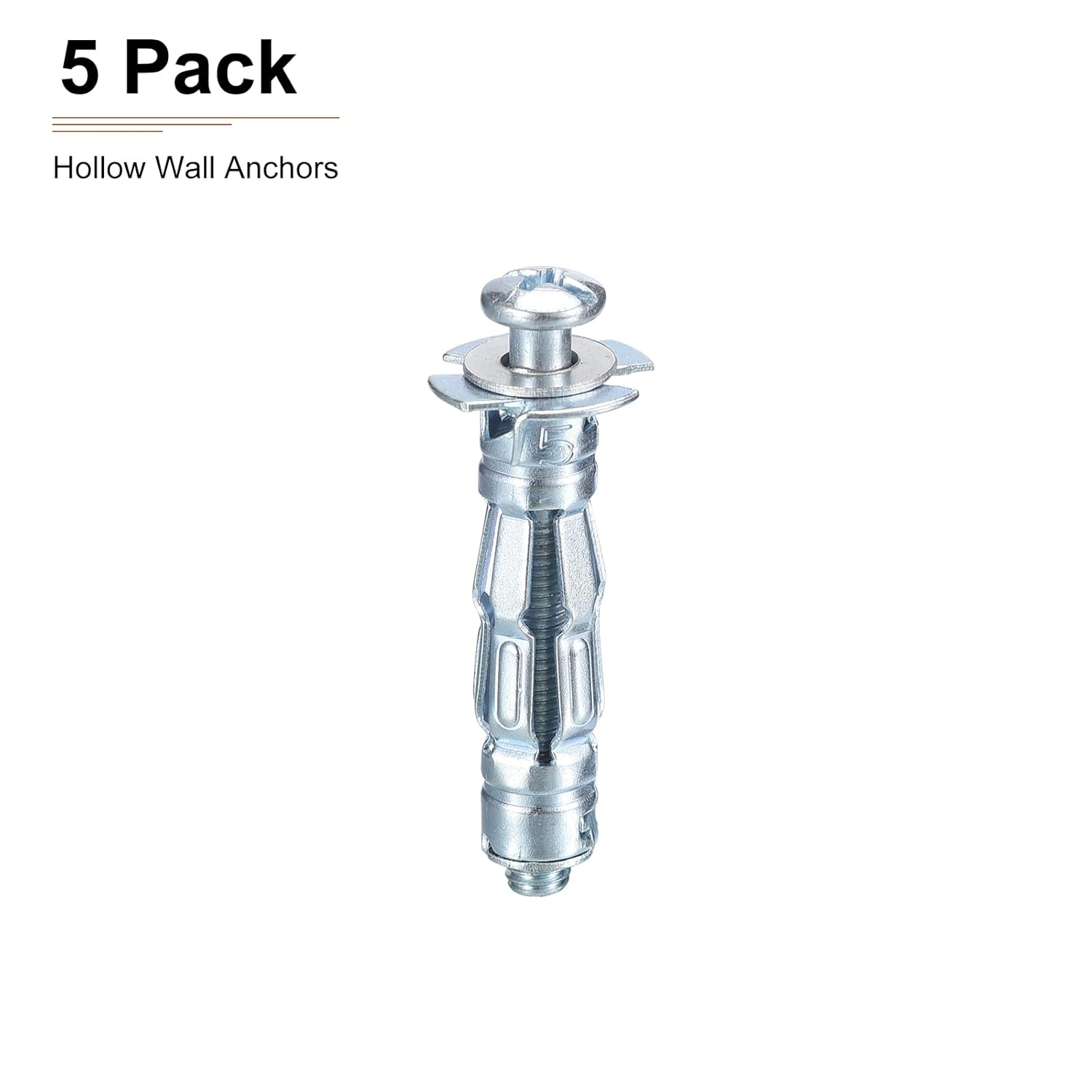 M5x37mm Hollow Wall Anchors - 5 Pack - Good for Hollow Wall Plaster Walls - Carbon Steel Hollow Drywall Anchors Screws, Silver