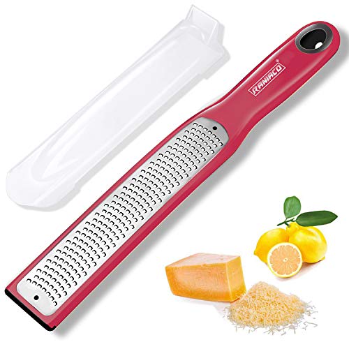 Lemon Zester, Raniaco Zester for Kitchen Ginger Garlic Nutmeg Citrus Garlic Orange Chocolate Vegetables Fruits, Razor-Sharp Stainless Steel Blade + Protective Cover (Red)