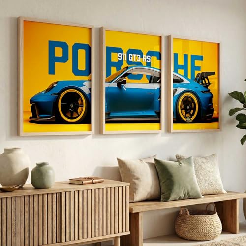 Image of walllane Big Porsche Cars Framed Posters Gift Items for Boys Room Wall Decoration Bedroom Living Room Office Studio Decor | Car Poster Frame for Wall Decor Set Of 3 Size (13x17 inch), Framed