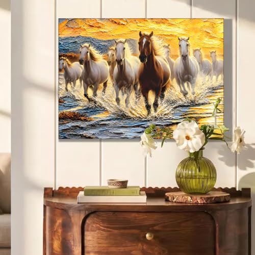 Image of PAINTINGMANTRA 9 Running Horses Vastu Stretched Canvas Painting For Living Room| Strength & Forward Energy Nine Horse Painting for Bed Room, Home & Office, 16x22 Inch