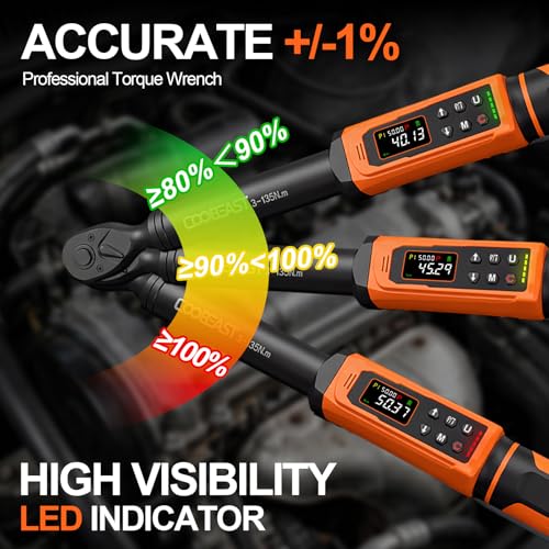 Image of coobeast 3 /8 Digital Torque Wrench,Adjustable Electric Torque Wrench Tool Set with Preset Value(1.5-99.5 Ft-lbs. /2-135 Nm),with Buzzer and LED Alert, Portable Wrenches Set for Bike Motorcycle(Black)