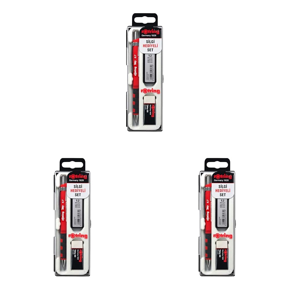 rOtring Tikky Mekanik Kurşun Kalem, Uç ve Silgi Seti, 0,7 mm Kalem, 2B Uç, Orta Boy Silgi, Kırmızı, 3'lü Set 3lü paket