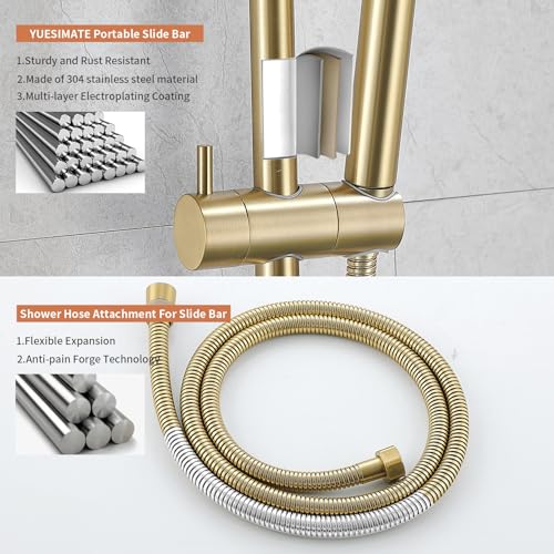 Barra deslizante para ducha ajustable de 28" con cabezal de ducha manual acabado en oro cepillado | Rociador de alta presión — Ajuste fácil de altura y ángulo, incluye codo de suministro de pared y manguera de ducha de 59" miniatura 4