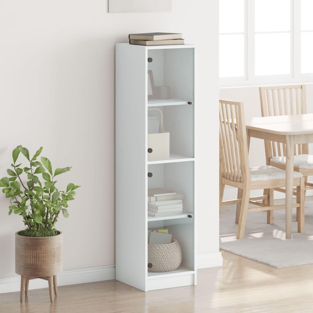 Mobile alto bianco con ante in vetro, 35 x 37 x 142 cm, elegante mobile per soggiorno con vano portaoggetti, ideale per corridoio, cucina e camera da letto, design in legno resistente