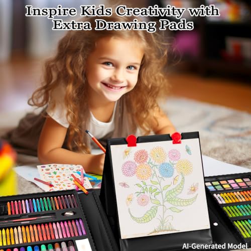 Image of KINSPORY Art Set for Kids, 290 Pack Double-Side Easel Drawing Kits - Black | Creative Gift, art & crafts supplies,Coloring, oil pastel, crayon, colored pencil, watercolour pen, Beginner Artists Girl Boy