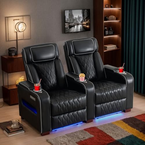 Image of Luxury Home Theater Seating - Power Recliner with Adjustable Headrests, Blue LED Ambient Lighting, Tray Table, USB & Type-C Charging (Black,2 Seat)