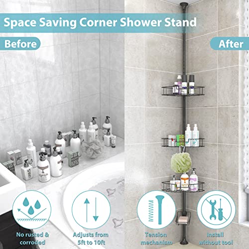 Dakepole Tension Shower Caddy Stainless Steel, Rustproof Tension Pole Corner Shower Caddy Stand Storage Organizer For Bathroom Bathtub Shampoo Soap Plants, 4 Tier Adjustable Shelves, 54 To 125 Inch #TOP2