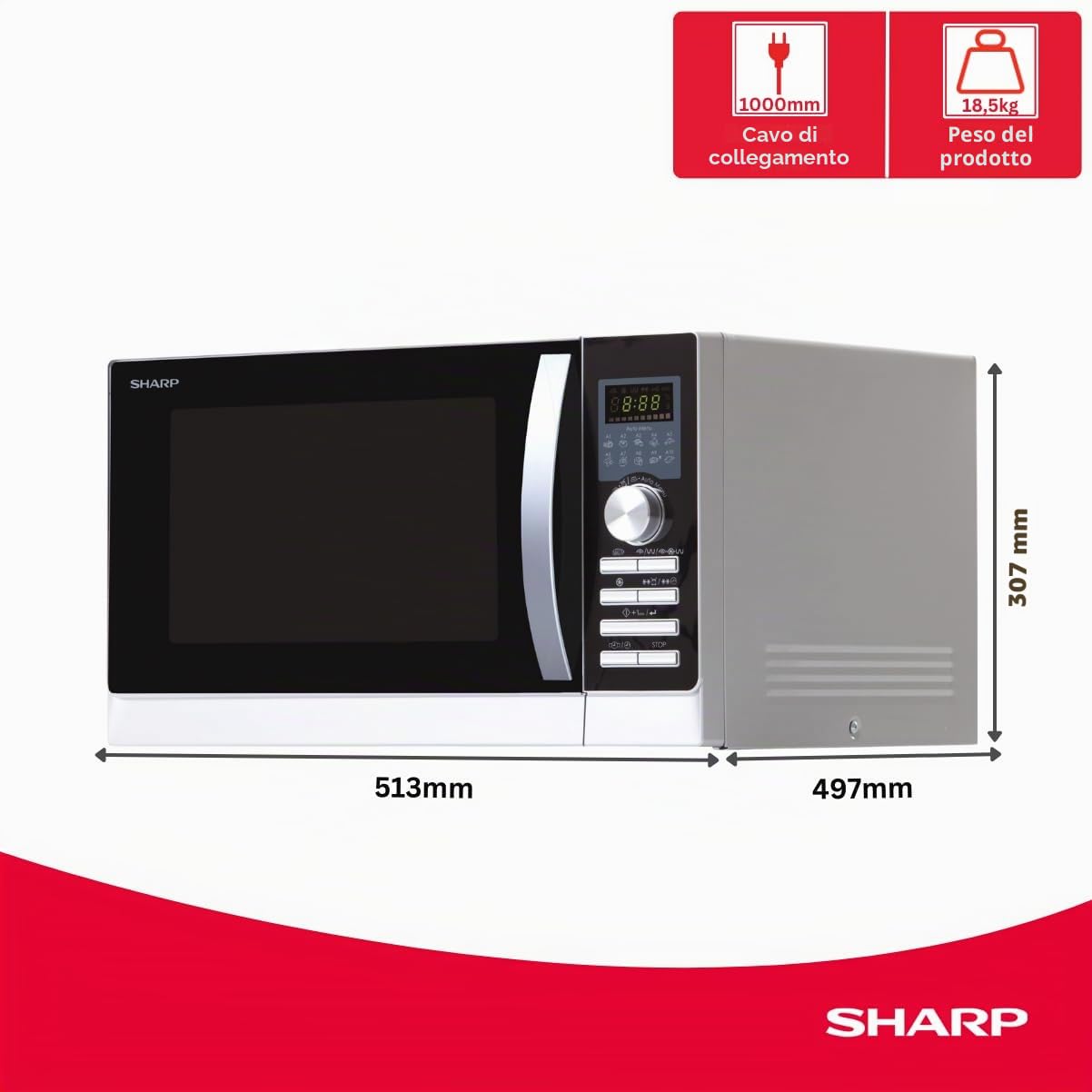 Sharp R843INW microonde 3 in 1 con aria calda, grill e convezione / 25 L/1000 W grill / 2500 convezione / 10 programmi automatici / programma pizza / piatto rotante in metallo (30 cm) / argento