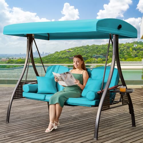 Image of 3 in 1 Outdoor Porch Swing with Adjustable Canopy, 3 Seat Outdoor Swing for Adults, Patio Swing Chair with Thickened Cushions,Pillows & Cup Holders for Backyard, Porch, Garden (Lake Blue)