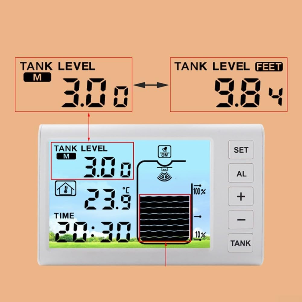 Monitor de nivel de tanque de agua solar con medidor digital, medidor de nivel de líquido inalámbrico de rango de 1 a 5 m, transmisor impermeable IP65 con carga automática, receptor interior que