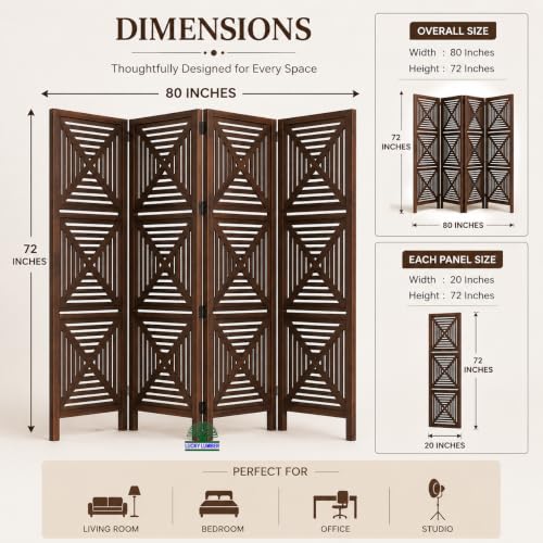 Image of Wooden Room Divider Partition for Living Room | Foldable 4 Panel Decorative Privacy Screen Separator for Home, Office & Bedroom | Modern (Chocolate Brown)