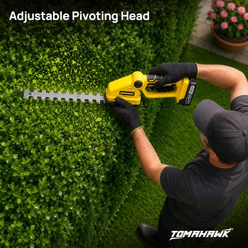 Image of TOMAHAWK CHT-20A 20V Cordless Hedge Trimmer with 1.5Ah Battery | 24 inch Dual Action Blade | Lightweight Handheld Grass & Shrub Cutter | Tool-Free Blade Change Garden Trimmer