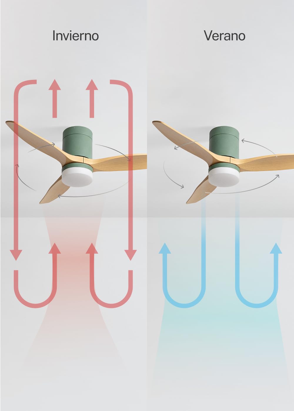 CREATE / WINDCALM S/Ventilador de techo ABS con luz verde sage efecto aspas madera clara con Wifi y mando / 40W, Silencioso, Ø112 cm, 3 temperaturas de luz, temporizador, función verano-invierno