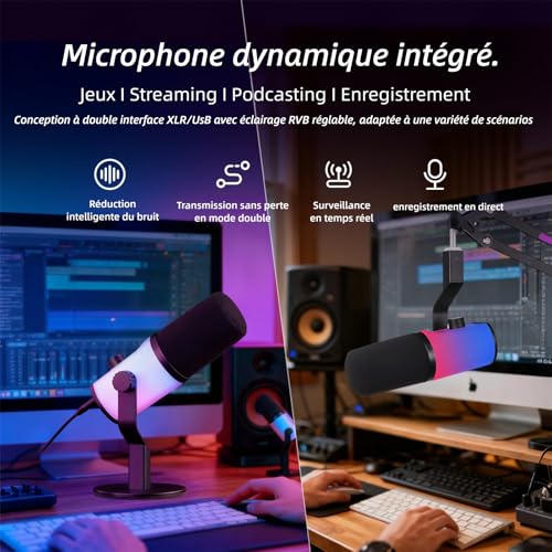 Microphone dynamique RGB de diffusion compatible PC et Mac