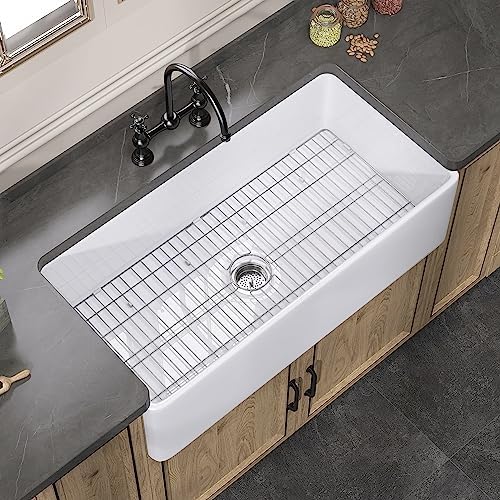 ZUAGCO White Farmhouse Sink 33 inch Fireclay Apron Front Farm Sink Large Capacity Deep Single Bowl Kitchen Sinks with Accessories Protective Bottom Grid and Strainer