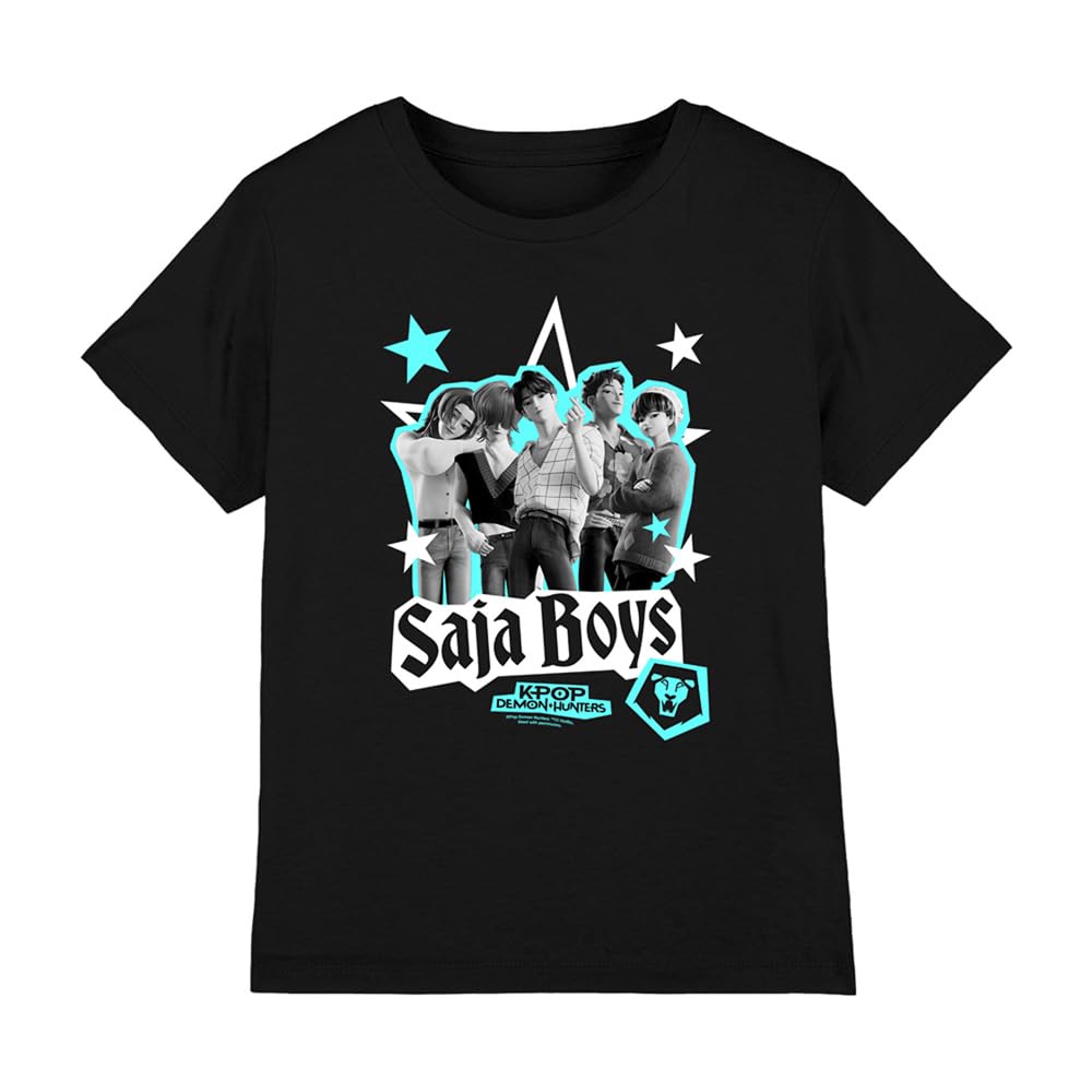 Kpop Demon Hunters Saja Boys Scrapbook Stars Kids T Shirt, Black, 5-6Y