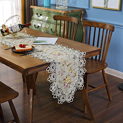 TaiXiuHome Green Hollow Lace Floral Embroidered Modern Dining Home Table Runner Table Flags for Party Wedding Decoration 16 x 87 inch Approx