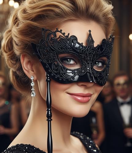 Maeaccx Black Masquerade Mask with Stick Lace Venetian Handheld Antifaz Elegant Accessories for Women (Small cusp)