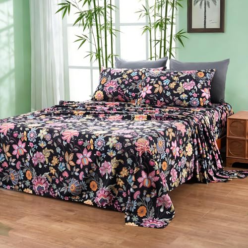 Image of Bedlifes Extra Deep Pocket 18-24 inch King 4-Piece Sheet Set - Cooling Sheets Blend Rayon Derived from Bamboo Soft & Breathable Floral Black Yellow