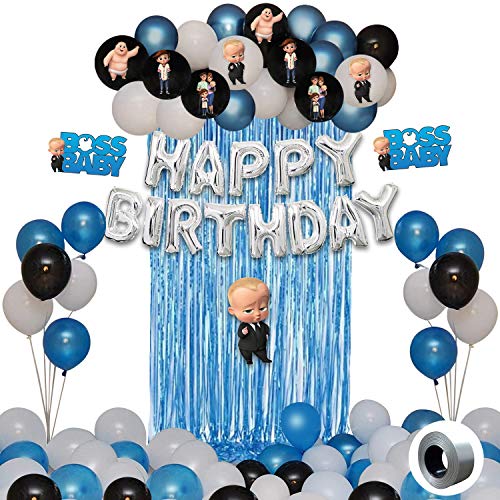 Image of Party Propz Boss Baby Theme Decorations Combo Set -52Pcs Happy Birthday Foil Balloon; Blue White BlackMetallic Balloons; Boss Baby Character; Foil Curtain Set for Boys Bday Decorations Items for Kids
